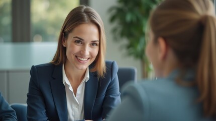 Mid shot of experienced hiring manager with consistent professional smile discussing employment package and company benefits during formal interview session.

