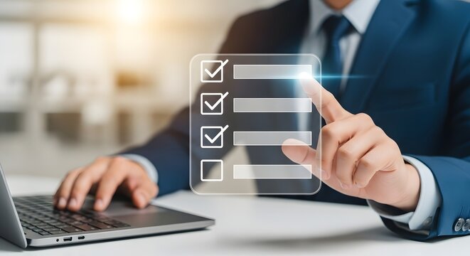 Businessman completing checklist online using laptop for task management and productivity boost - Powered by Adobe