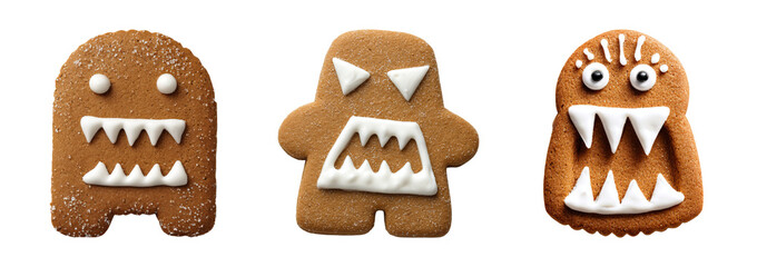 Halloween dessert gingerbread cookies shaped like monsters with white icing teeth and eyes on transparency background