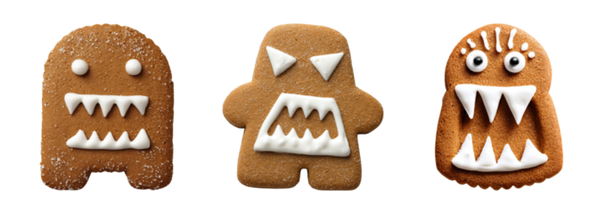 Halloween dessert gingerbread cookies shaped like monsters with white icing teeth and eyes on transparency background