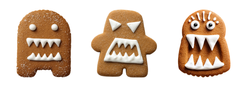 Halloween dessert gingerbread cookies shaped like monsters with white icing teeth and eyes on transparency background