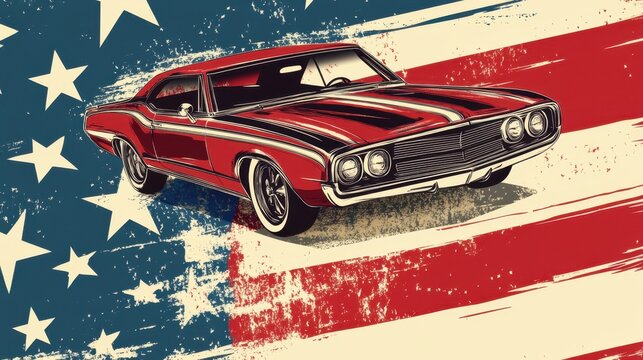 American Muscle: A classic, red car embodies the spirit of freedom and strength, set against the iconic backdrop of a vintage American flag.