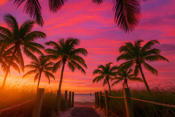 Fototapeta premium Beautiful Tropical Beach Sunset with Palm Trees and Sandy Pathway Leading to Serene Ocean View