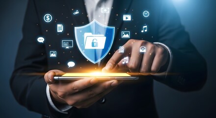 Cyber security concept businessman using smartphone with data protection and privacy shield lock