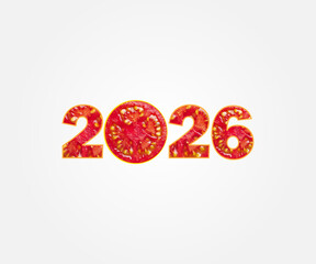 3D Rendering of the New Year 2026 Eve logo with a Tomato pattern for vegetarians, Concept for Freshness, Healthy, Care, Natural, Food chart, Restaurant, Diet, Vegetable shop, Gym, Yoga, etc.
