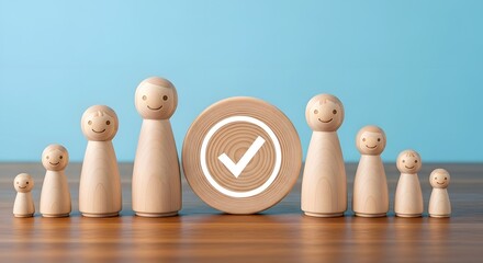 Family planning concept with wooden figures and check mark for positive parenting and growth advice