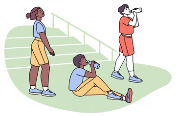 Obraz premium Show sports players taking breaks with water to avoid heat exhaustion, modern flat illustration style