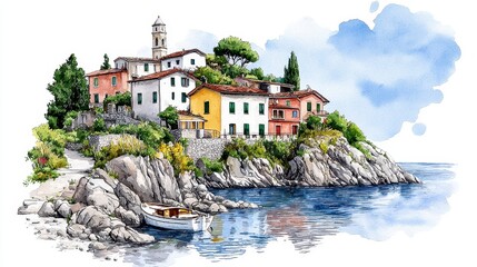 A picturesque watercolor painting depicts a charming Italian coastal village led on rocky cliffs overlooking a tranquil sea with a small boat gently bobbing in the harbor,