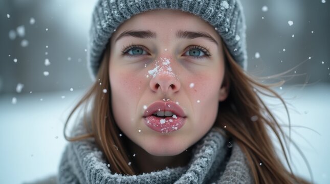 Young woman experiencing dry cracked lips while standing in snowy winter environment with cold wind effects.

