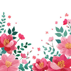 Pink and red flowers with green leaves border on white background floral