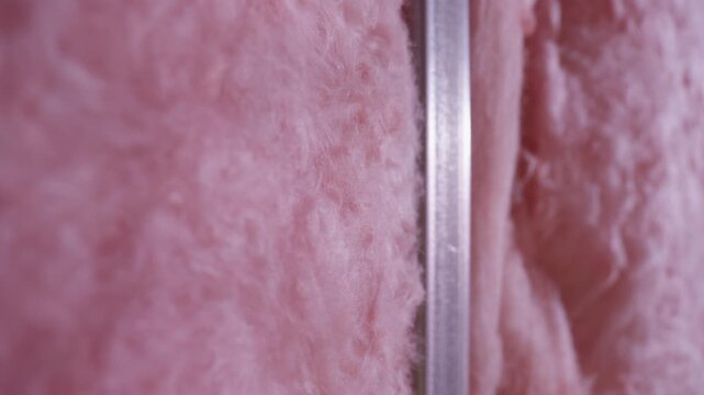 Close-up of pink fiberglass insulation with a vertical metal stud. Construction or industrial environment.