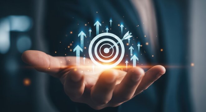 A businessman presents a target with upward arrows, symbolizing business goals and success strategy