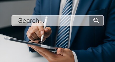 Search engine optimization concept of business man using tablet for online web browsing and seo