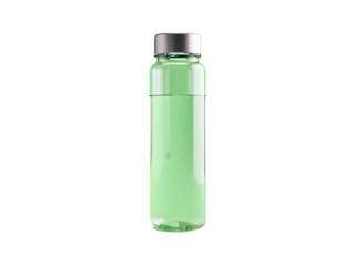 Clear glass bottle with green liquid and silver cap isolated on a transparent background image