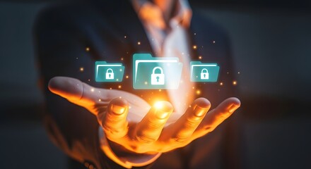 Secure data management concept with folders and locks for cloud storage and privacy protection online