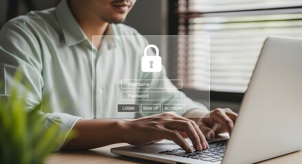 Secure login access concept: man using laptop for authentication with username and password fields