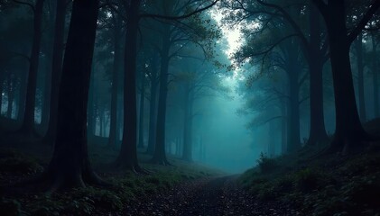 Fototapeta premium Eerie Twilight Forest Ancient Trees Loom in Mysterious Shadowy Depths, Perfect for Fantasy or Horror