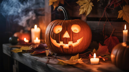 Obraz premium Jack o lantern pumpkin glowing with candles and autumn leaves