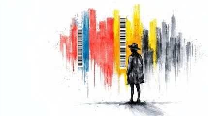 A watercolor painting depicts a woman observing a cityscape rendered as colorful barcode-like structures symbolizing global shipping and the tracking of parcels before shipment.