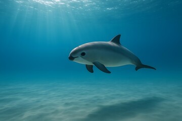 Naklejka premium Vaquita dolphin swimming in crystal clear ocean water with sun rays from above. 