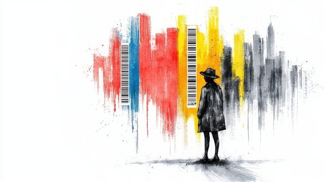 A watercolor painting depicts a woman observing a cityscape rendered as colorful barcode-like structures symbolizing global shipping and the tracking of parcels before shipment.