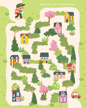 Vector colorful maze, labyrinth for children with green cartoon garden. Kids maze with way passing through the park with trees. Puzzle game. 