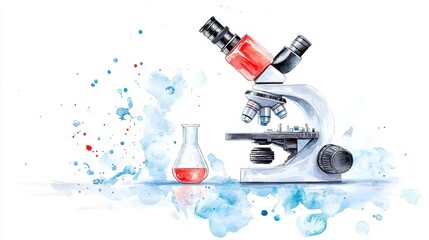 A detailed watercolor illustration depicts a scientific microscope and Erlenmeyer flask filled with red liquid showcasing scientific research data analysis in a laboratory setting