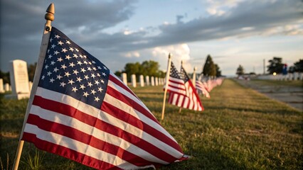 Naklejka premium American Flags in a Cemetery at Dusk
