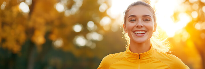 Radiant woman smiling, golden hour lighting, active lifestyle, outdoors. Embracing the beauty of nature with a happy, healthy glow. Joyful fitness moment.