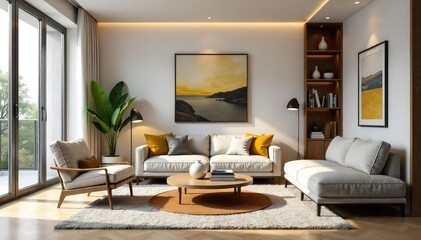 Fototapeta premium Cozy Modern Living Room Interior Design Warm Lighting, Stylish Furniture, and Inviting Atmosphere Perfect for Relaxation and Entertainment