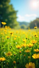 Fototapeta premium Golden Wildflowers Swaying in a Sun-Drenched Meadow A Vibrant Summer Scene of Natural Beauty, Perfect for Idyllic Backgrounds and Nature-Themed Projects