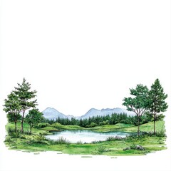 Fototapeta premium A serene watercolor illustration depicts a tranquil green mountain landscape featu a calm lake led amongst lush greenery and majestic mountains under a clear sky.