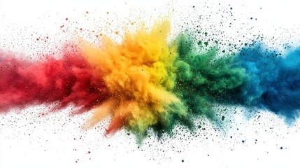 A vibrant explosion of rainbow colored powder dust creates a dynamic and energetic design element perfect for backgrounds, textures, or artistic projects showcasing a spectrum of