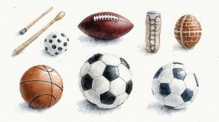 A watercolor illustration showcasing a diverse collection of sporting goods including soccer balls, a basketball, an American football, cricket ball, and lacrosse sticks perfectly