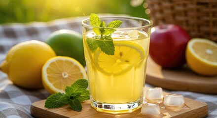 Fototapeta premium Refreshing Lemonade with Mint, Ice, and Fruits in Sunny Outdoor Setting