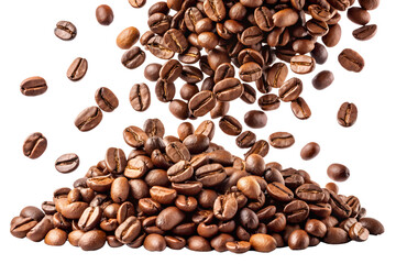 Obraz premium Pile of roasted coffee beans falling down isolated on transparent background, representing a rich and aromatic coffee experience, perfect for a morning boost
