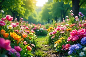 Obraz premium Blooming Flower Patch A Vibrant Summer Garden bursting with Color and Lush Greenery, perfect for illustrating healthy living, spring, and nature concepts.