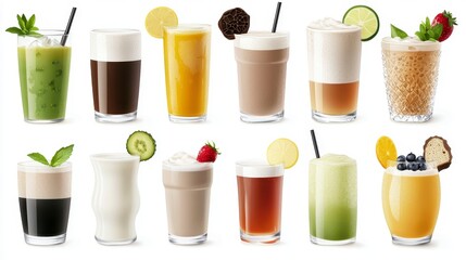 A vibrant collection of twelve meticulously crafted cartoon illustrations showcasing a delightful array of refreshing non-alcoholic beverages including herbal teas, fruit juices,