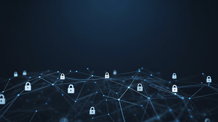 Digital security network with glowing locks and connections on a dark background