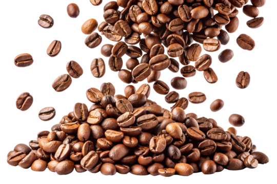 Pile of roasted coffee beans falling down isolated on transparent background, representing a rich and aromatic coffee experience, perfect for a morning boost