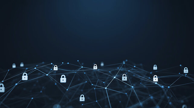 Digital security network with glowing locks and connections on a dark background