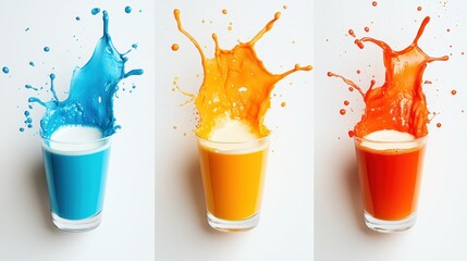 Colorful Liquid Splashes in Glasses of Blue, Orange and Red
