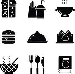 Diverse Food Icons Representing Culinary Variety Fast Food Gourmet Dishes and Cookbook for Cooking Enthusiasts Showcasing a Range of Appetizing Options