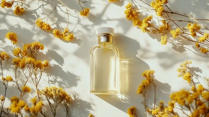 Helichrysum oil bottle on light-colored surface with dry yellow blooms