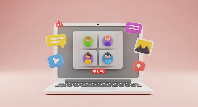 Digital Communication and Online Meeting Illustration on Laptop with Engaging Icons for Business Collaboration and Modern Connectivity - Powered by Adobe