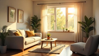 Serene Sunlight Bathes Cozy Living Room, Promoting Relaxation and Well-being