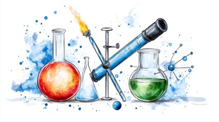 A vibrant watercolor illustration showcases a collection of science lab equipment including beakers flasks a Bunsen burner and a microscope representing scientific research and