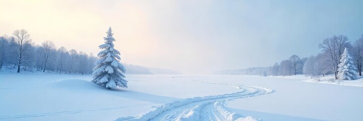 Fototapeta premium Stark Winter Landscape Frozen Lake and Snow-Covered Trees Under a Pale Sky, Evoking Isolation and Intense Cold