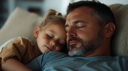 Obraz premium Father and daughter napping together on the sofa, creating a heartwarming scene of love and connection in a cozy and relaxed environment.