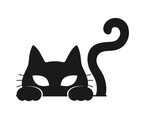 Peeking and hiding cat silhouette. Minimalist curious cat emblem sticker with paws and curvy tail. Vector illustration